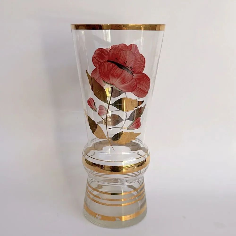 Large Vintage Clear Glass Vase Painted Flowers Gold Bands and Rim